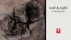 Book cover: left side shows a dark, rocky texture; right side is a light beige panel with the title 'Leaf & Light' and subtitle 'A Living Journal' and a small red logo at the bottom.