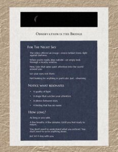 Page layout with a moon image at the top, a headline 'Observation is the Bridge', and a dark blue text panel titled 'For The Night Sky' containing descriptive tips.